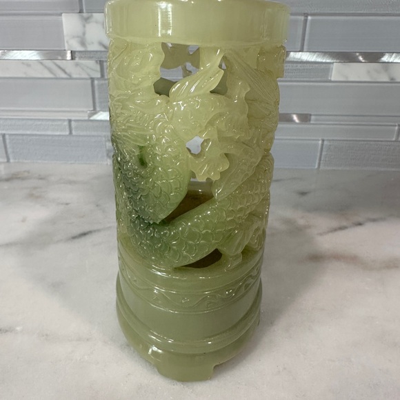 Chinese Carved Imitation Jadeite Candle / Pen Holder – Dragon Motif - Picture 2 of 9